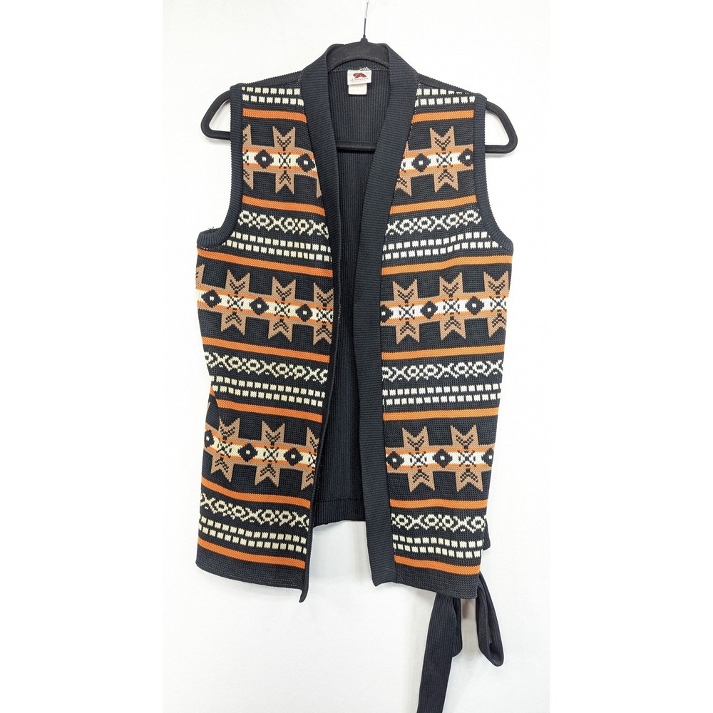 Vintage Alison Jane Southwestern Knit Vest Black Orange Geometric Side Tie Sz 12